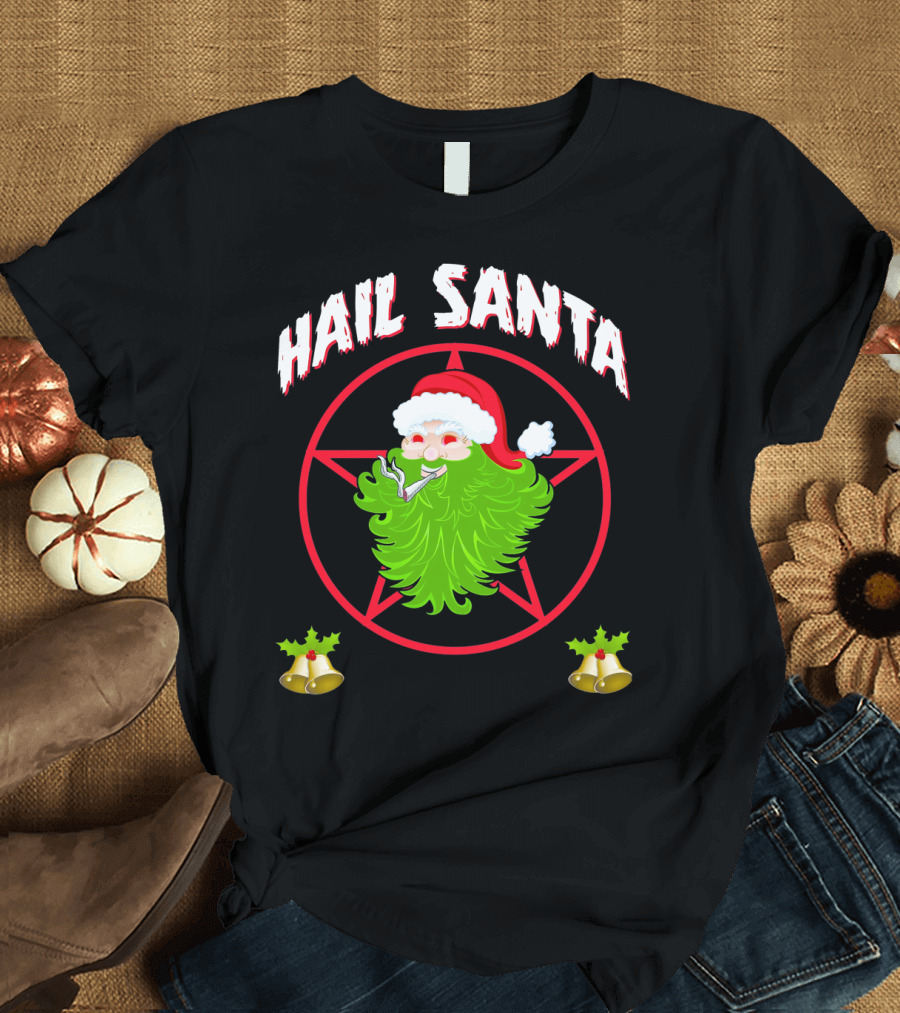 Hail Santa Pentagram Smoking Holly Bells T-Shirt