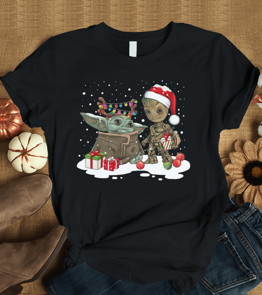 Baby Groot and Baby Yoda Christmas Santa Hat Gift Exchange T-Shirt