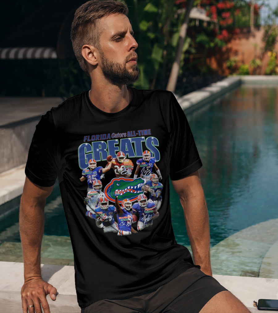 Florida Gators Legendary Greats Tim Tebow Kewan Alumbaugh Joe Haden Jabar Gaffney Braden Spurrier Percy Harvin NFL Signatures T-Shirt