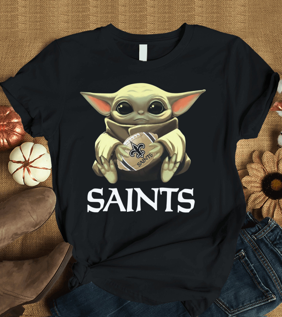 Baby Yoda Holding New Orleans Saints Football T-Shirt