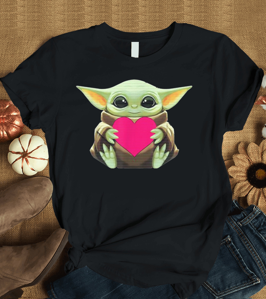 Valentine's Day Baby Y.O.D.A Heart with Cute Green Character Holding Pink Heart T-Shirt