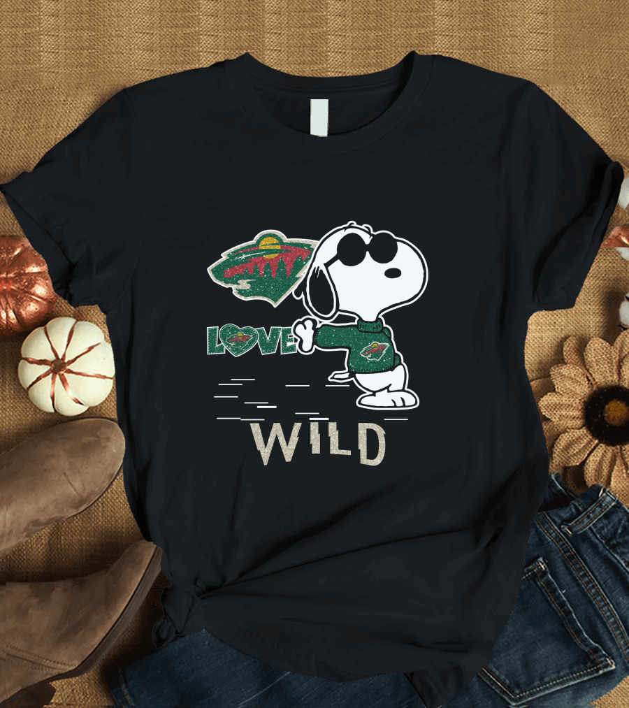 Snoopy Wearing Minnesota Wild Hockey Jersey with Love Wild Logo Elements T-Shirt