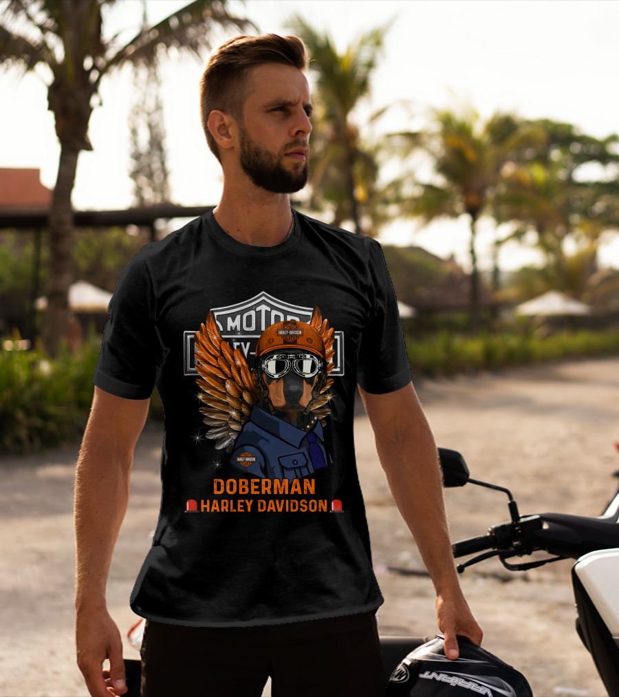 Doberman Harley Davidson Motor City Kutter Wings Helmet Goggles T-Shirt