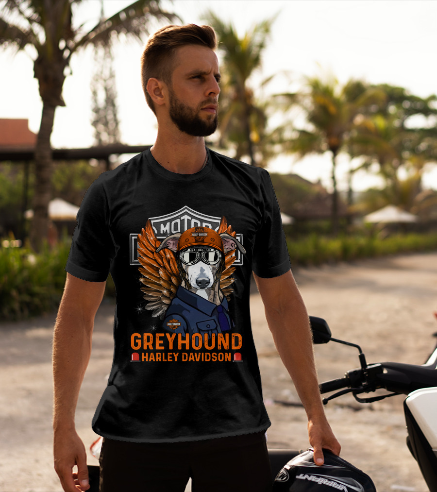 Greyhound Harley Davidson With Wings And Helmet T-Shirt