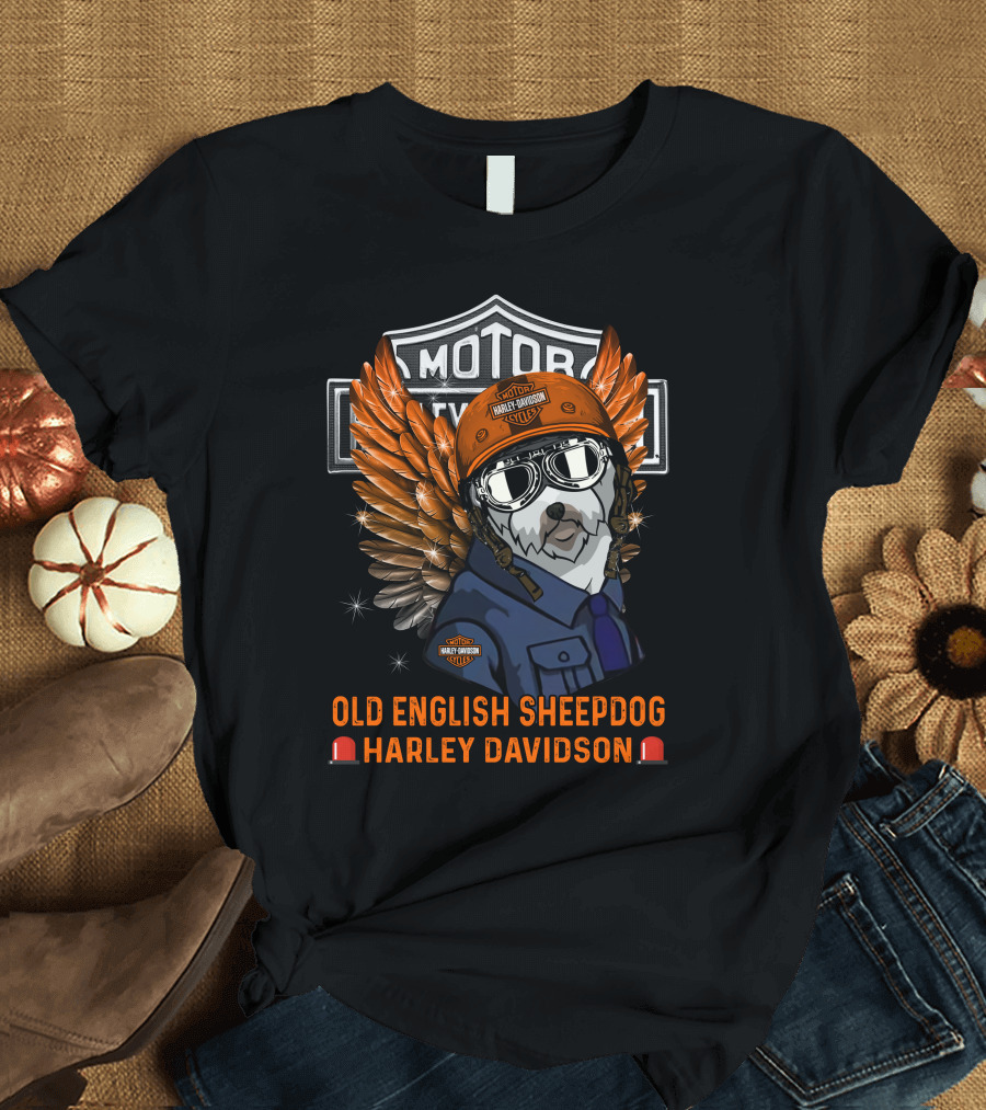 Old English Sheepdog Harley Davidson Wings Helmet Goggles T-Shirt