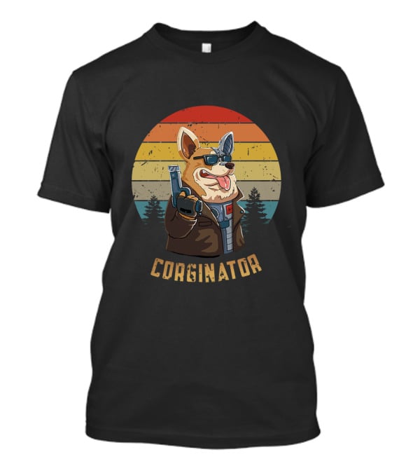 Corginator Dog With Sunglasses And Cybernetic Arm Retro Sunset T-Shirt
