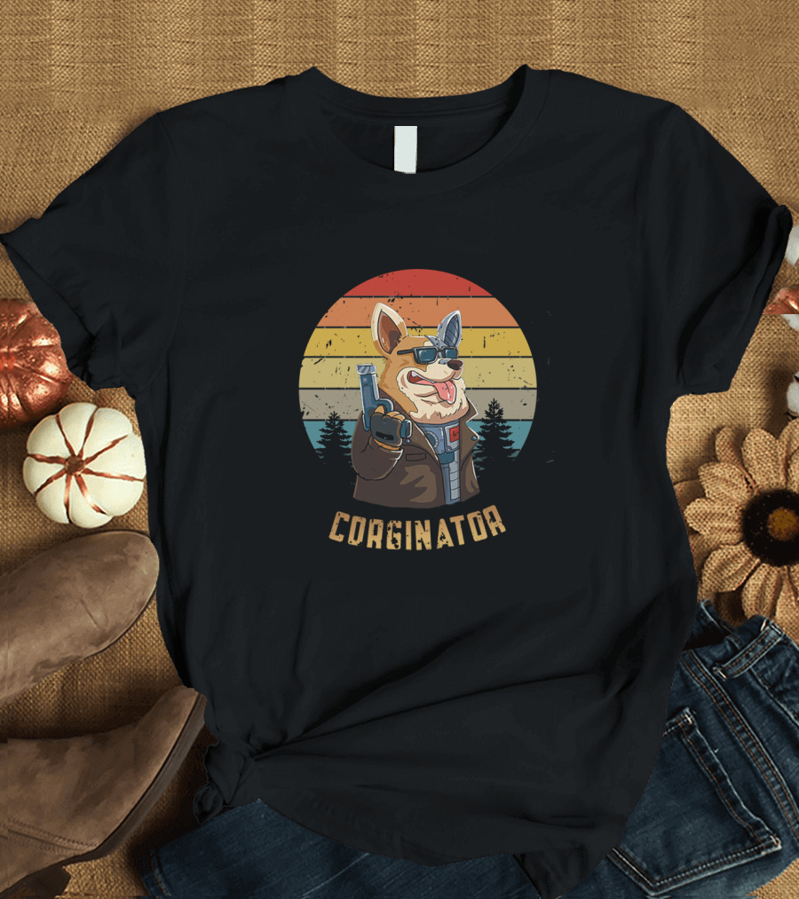 Corginator Dog with Sunglasses and Cybernetic Arm Retro Sunset T-Shirt