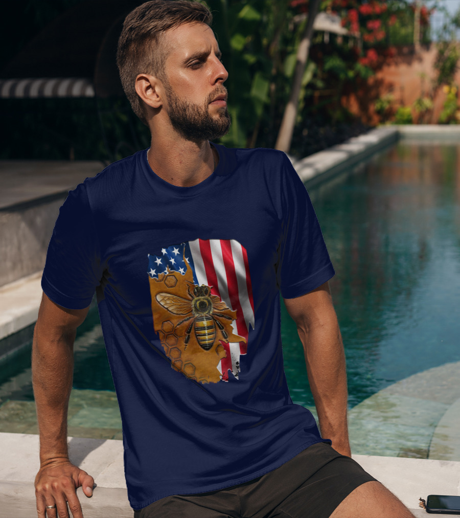 Beautifull Bee American Flag Honeycomb T-Shirt