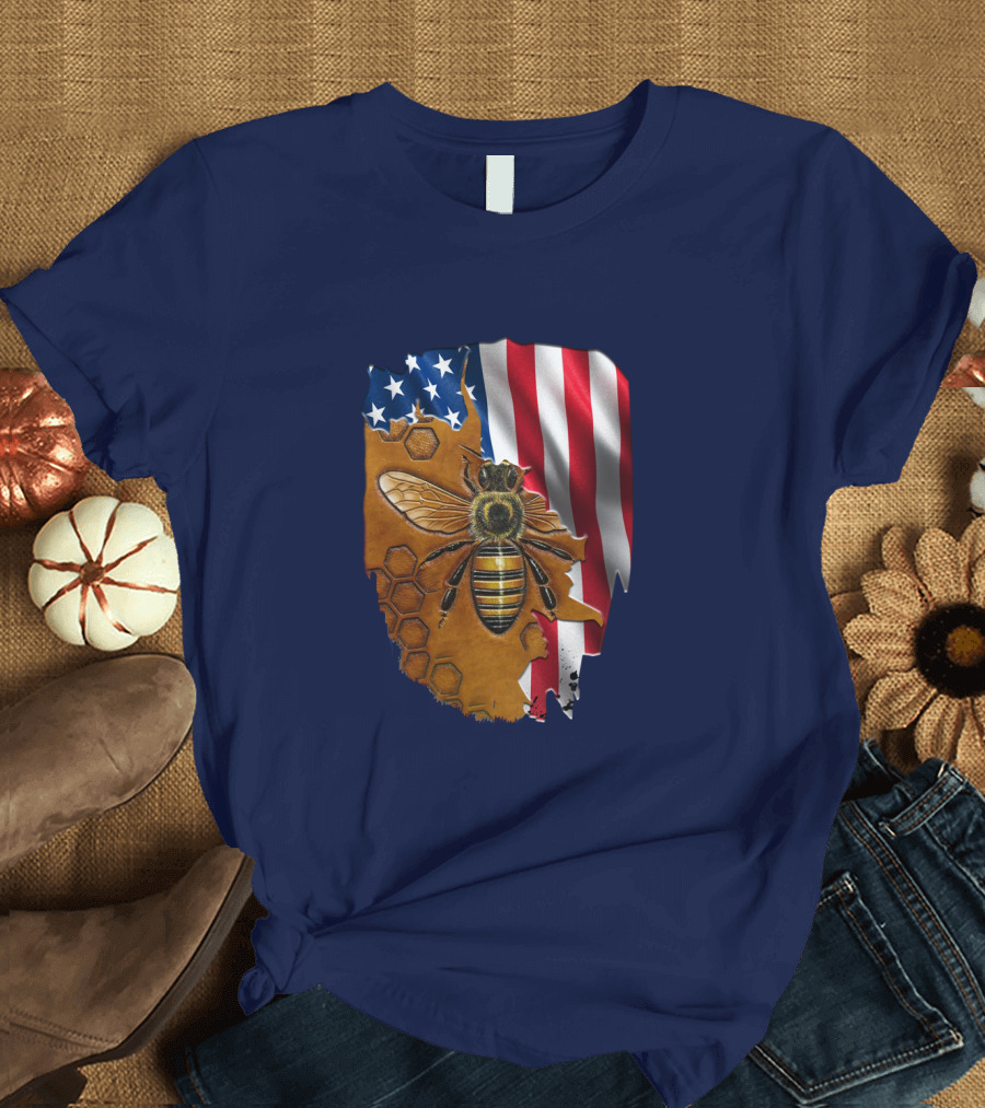 Beautifull Bee American Flag Honeycomb T-Shirt