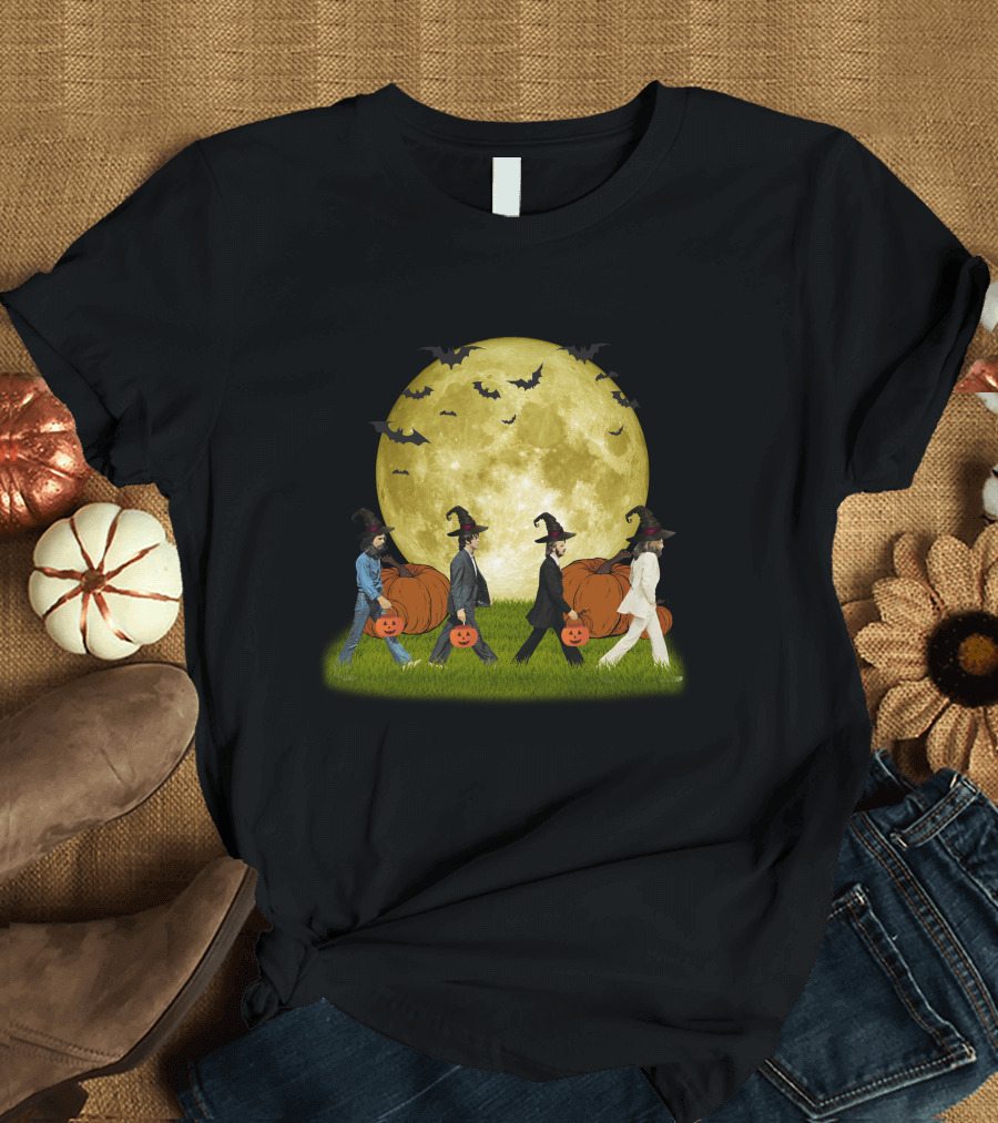 Abbey Road Halloween Crossing with Pumpkins and Witches Under Full Moon T-Shirt