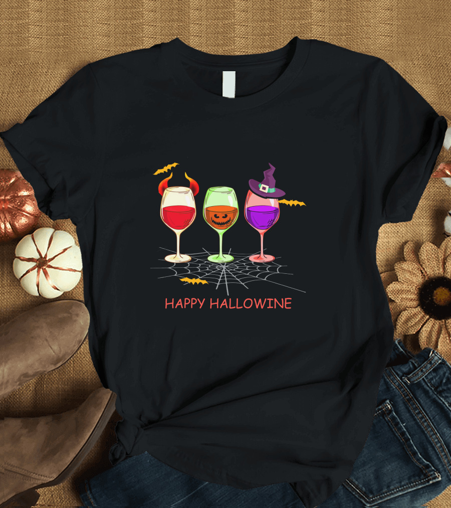 Happy Hallowine Wine Glasses Halloween Witch Hat Jack O'Lantern T-Shirt