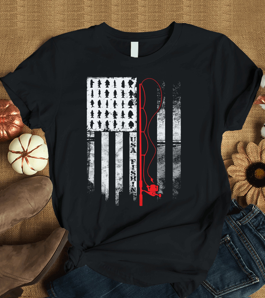 USA Fishing Flag Red Fishing Rod T-Shirt