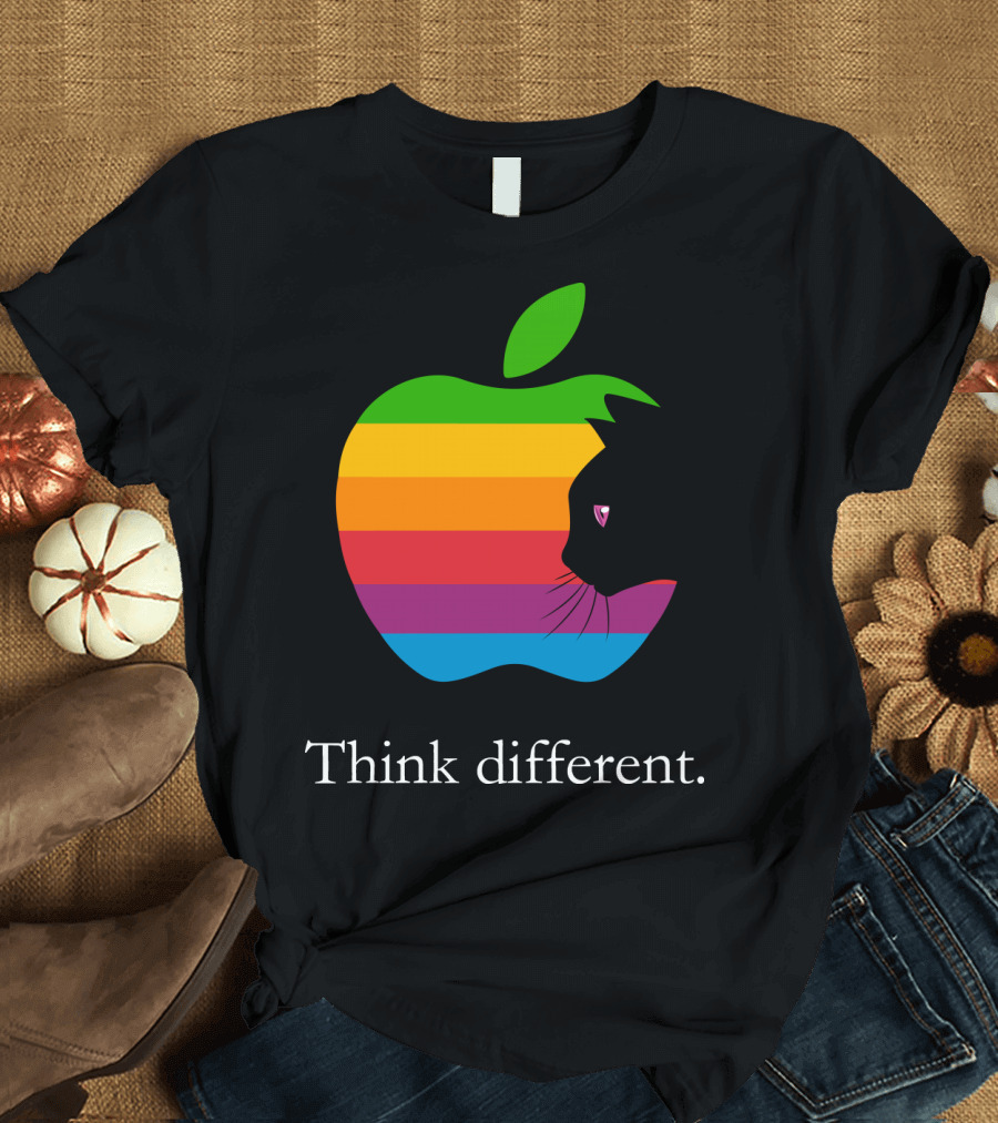 Think Different Apple Logo Rainbow Cat Face T-Shirt