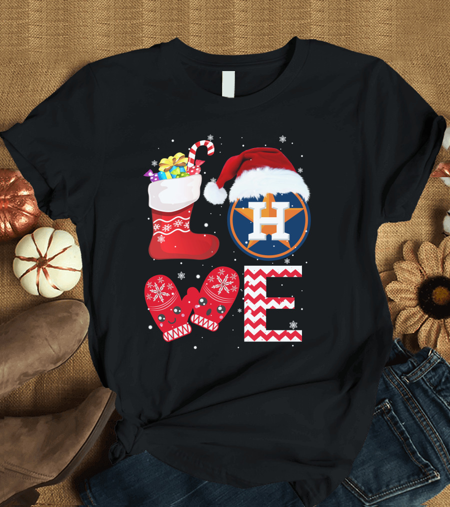 Christmas Love Houston Astros Snowflake Stocking Mittens Santa Hat T-Shirt