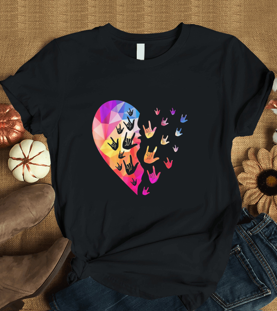 Broken Geometric Heart with Colorful Sign Language Hands T-Shirt