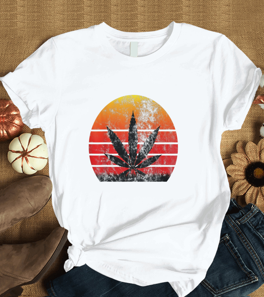 Vintage Sunset Marijuana Weed Leaf T-Shirt