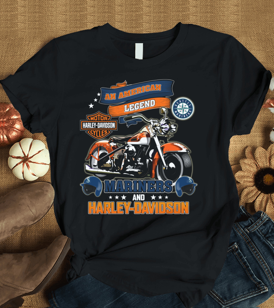 An American Legend Seattle Mariners Harley Davidson Motor Cycles T-Shirt