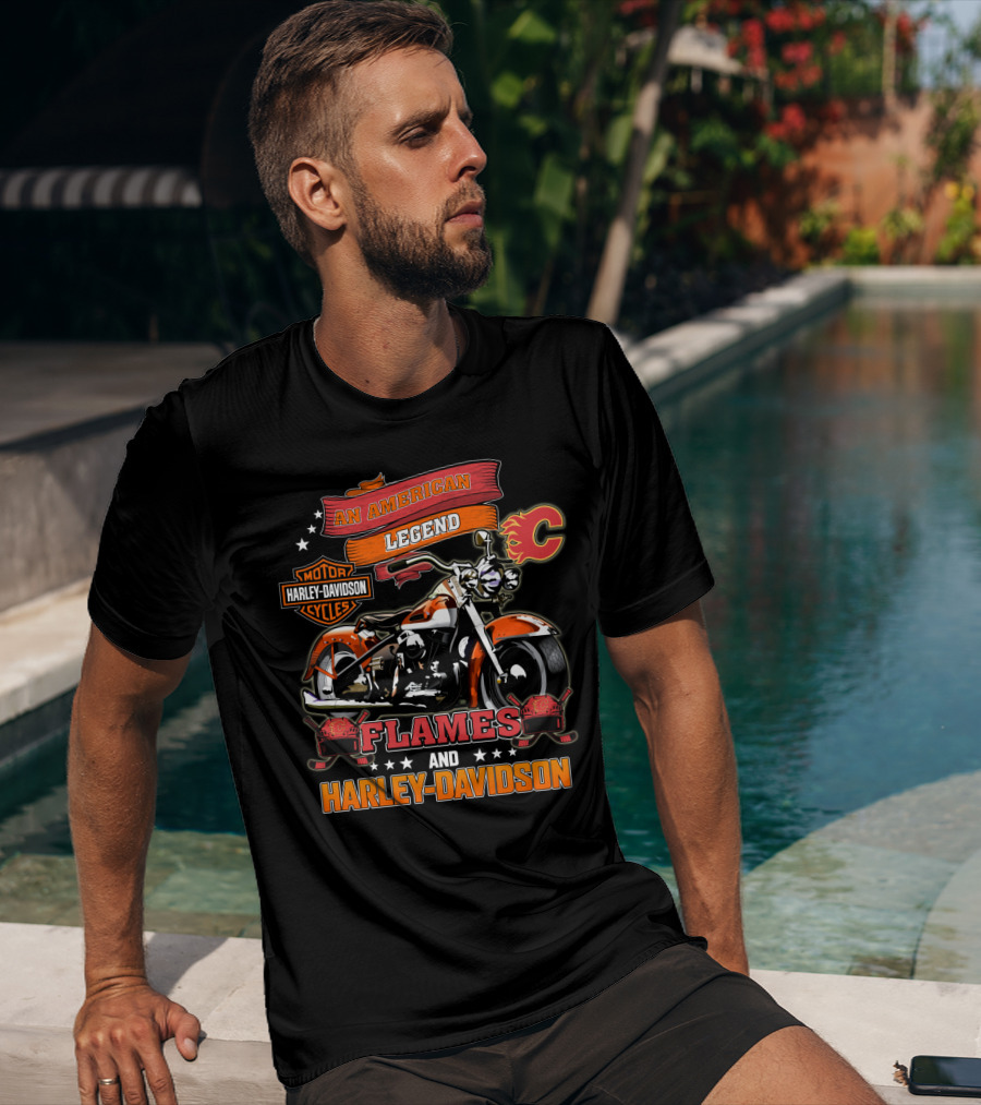 An American Legend Flames And Harley Davidson Calgary Nhl T-Shirt