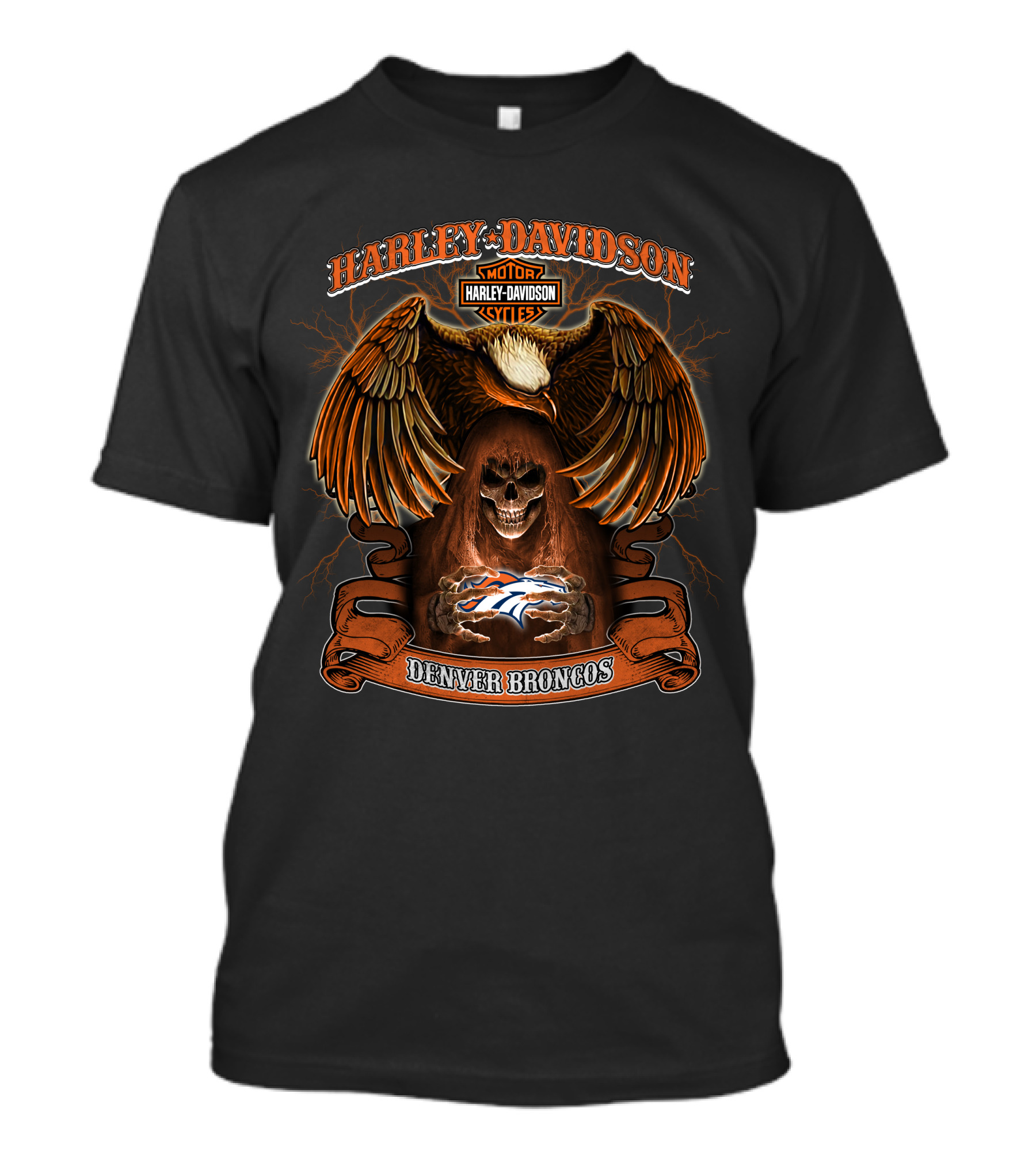 Harley Davidson Denver Broncos Nfl Moto Style Eagle Skull T-Shirt