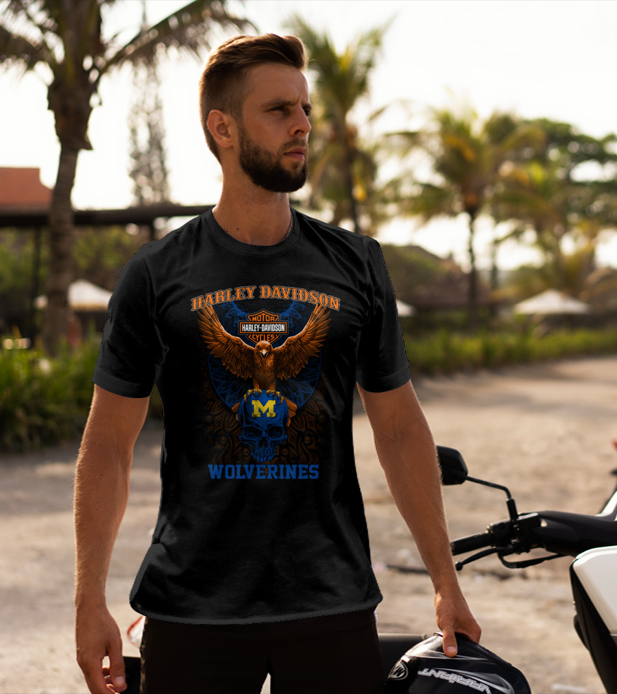 Harley Davidson Motorcycles Michigan Wolverines Eagle Skull T-Shirt