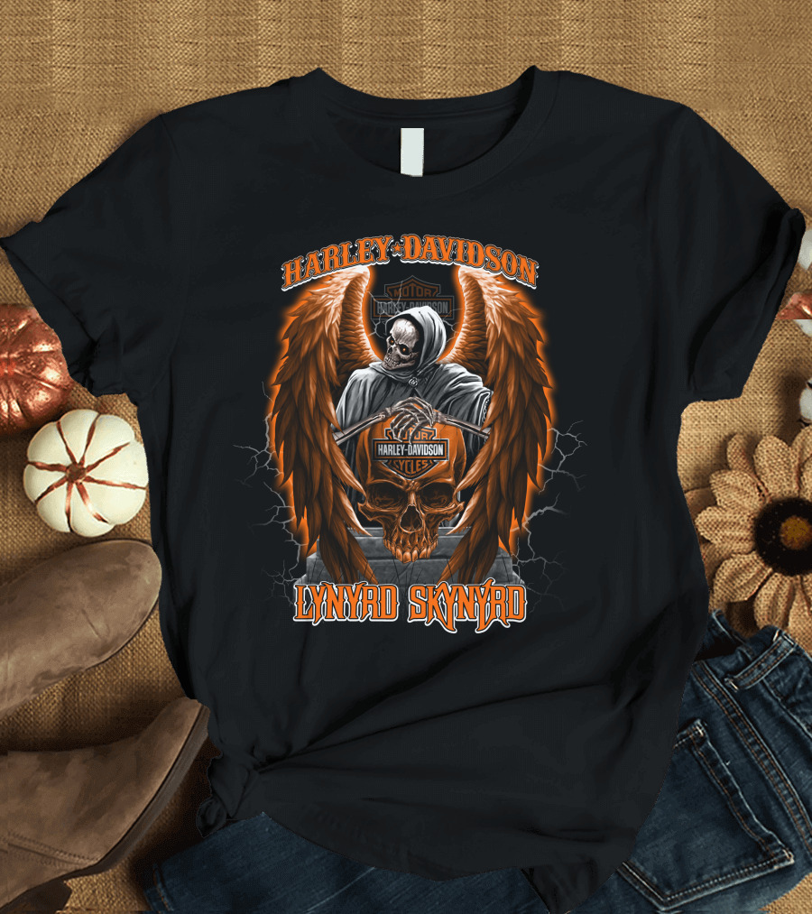 Lynyrd Skynyrd Harley Davidson Skull With Wings And Grim Reaper T-Shirt