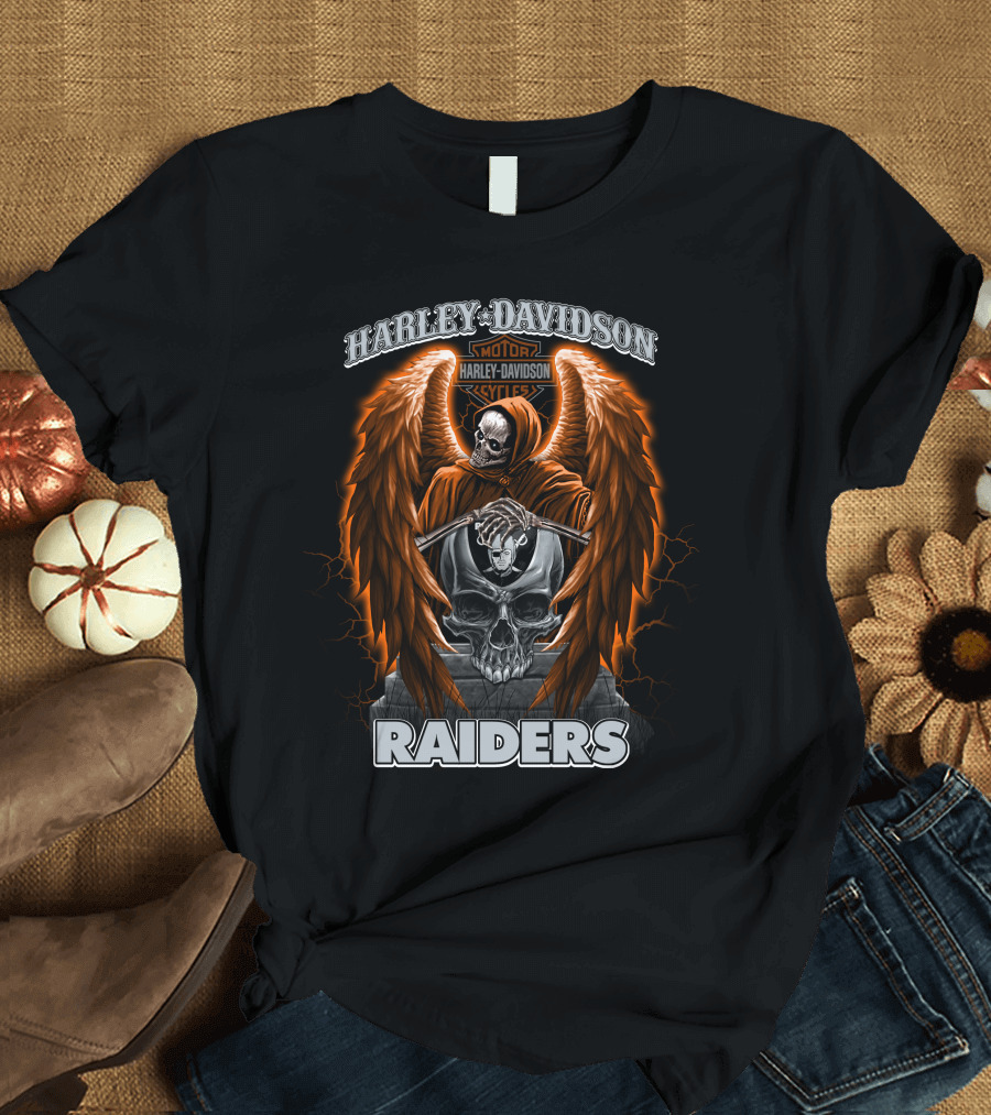 Harley Davidson Las Vegas Raiders Nfl Skeleton Skull Wings T-Shirt