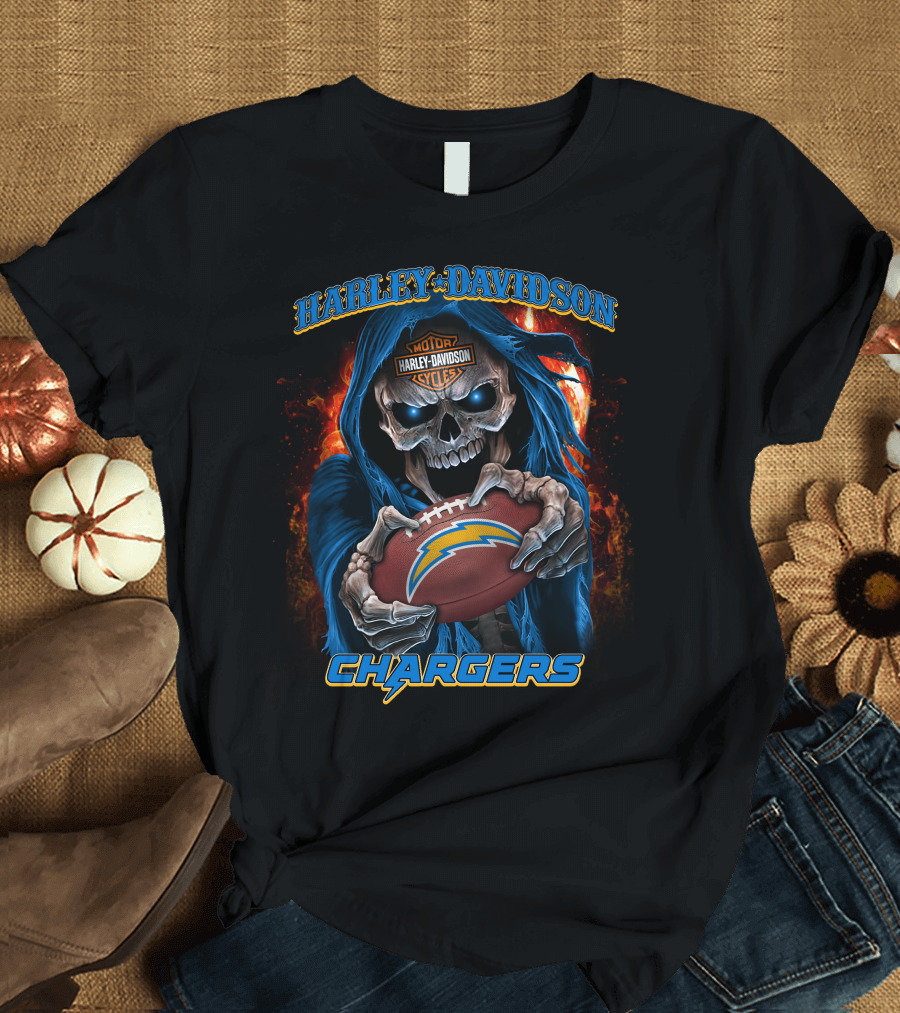 Harley Davidson Motor Cycles Los Angeles Chargers Skull Football T-Shirt