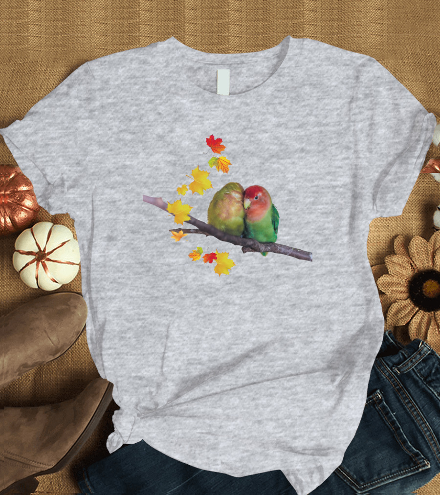 Lovebirds with Autumn Leaves on Branch T-Shirt