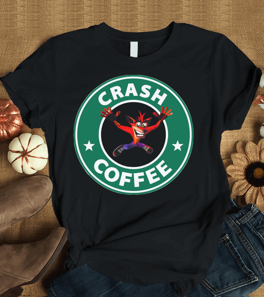 CRASH COFFEE Parody Logo Featuring Cartoon Bandicoot Character T-Shirt
