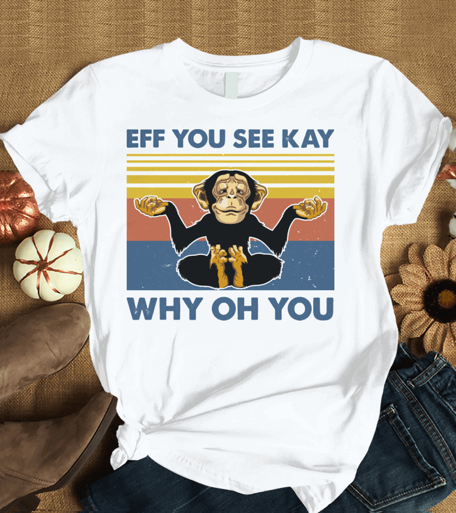 Eff You See Kay Why Oh You Meditation Monkey Retro Stripes T-Shirt