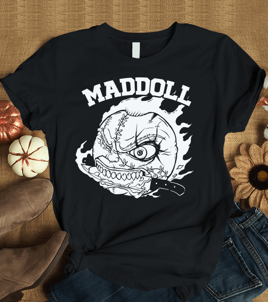 Maddoll Creepy Stitched Doll Face with Flame and Knife T-Shirt
