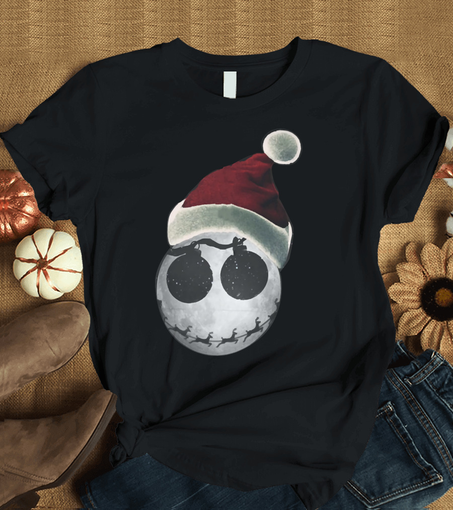 Jack Skellington Christmas Santa Hat Moon with Reindeer T-Shirt