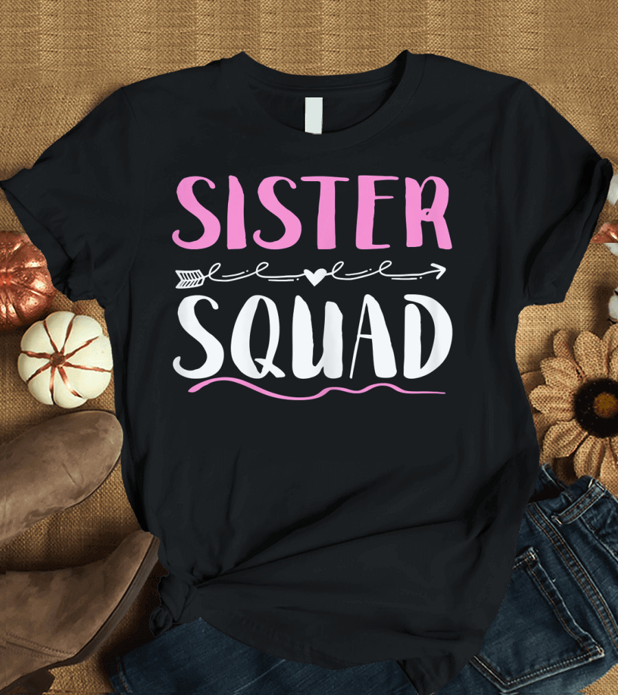 Sister Squad Arrow Heart Pink and White T-Shirt