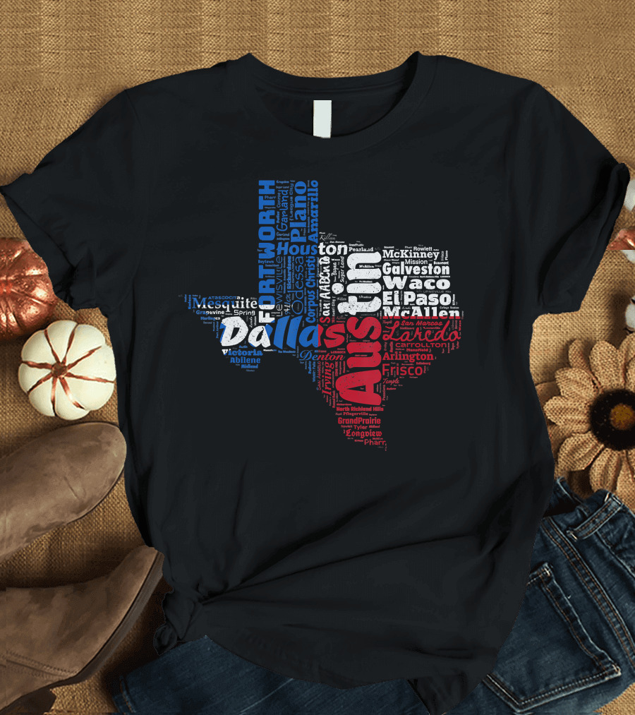 Texas State Map with Cities Austin Dallas Houston Fort Worth El Paso Waco McAllen Plano Galveston Frisco Amarillo Laredo in Star Flag Colors T-Shirt