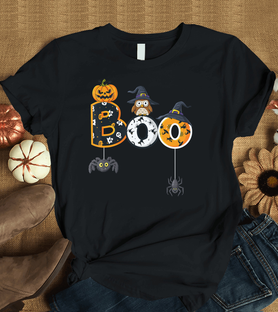 Halloween Boo Owl Witch Hat Pumpkin and Spiders T-Shirt