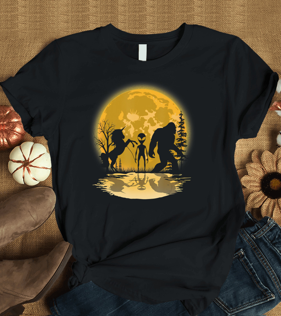 Bigfoot Alien Unicorn Fishing Adventure Under Full Moon T-Shirt