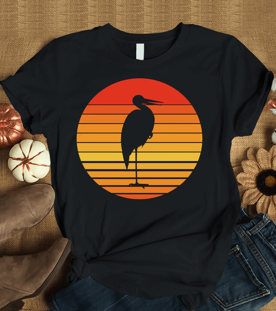 Heron Bird Silhouette Against Sunset Stripes T-Shirt