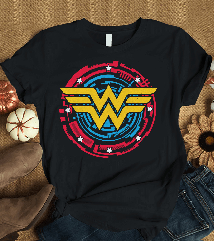 Wonder Woman Symbol in Red and Blue Circle with Stars T-Shirt