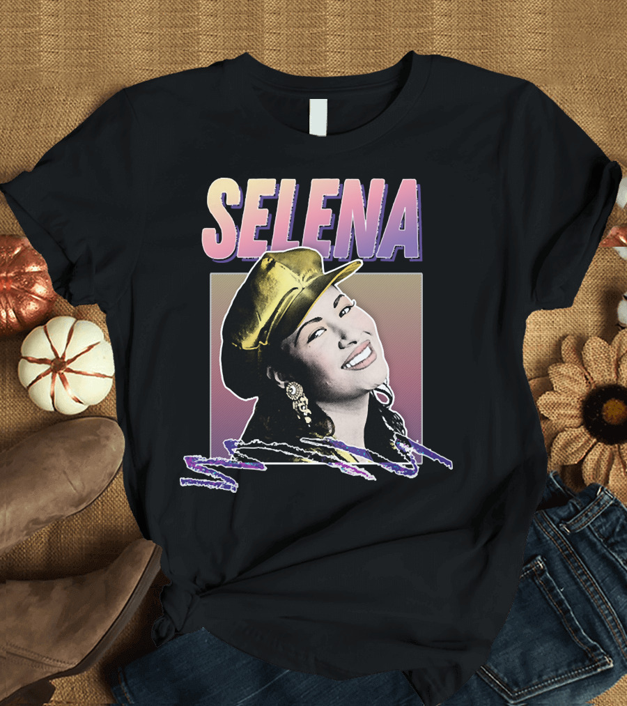 Selena Gradient Logo with Smiling Portrait and Gold Hat T-Shirt