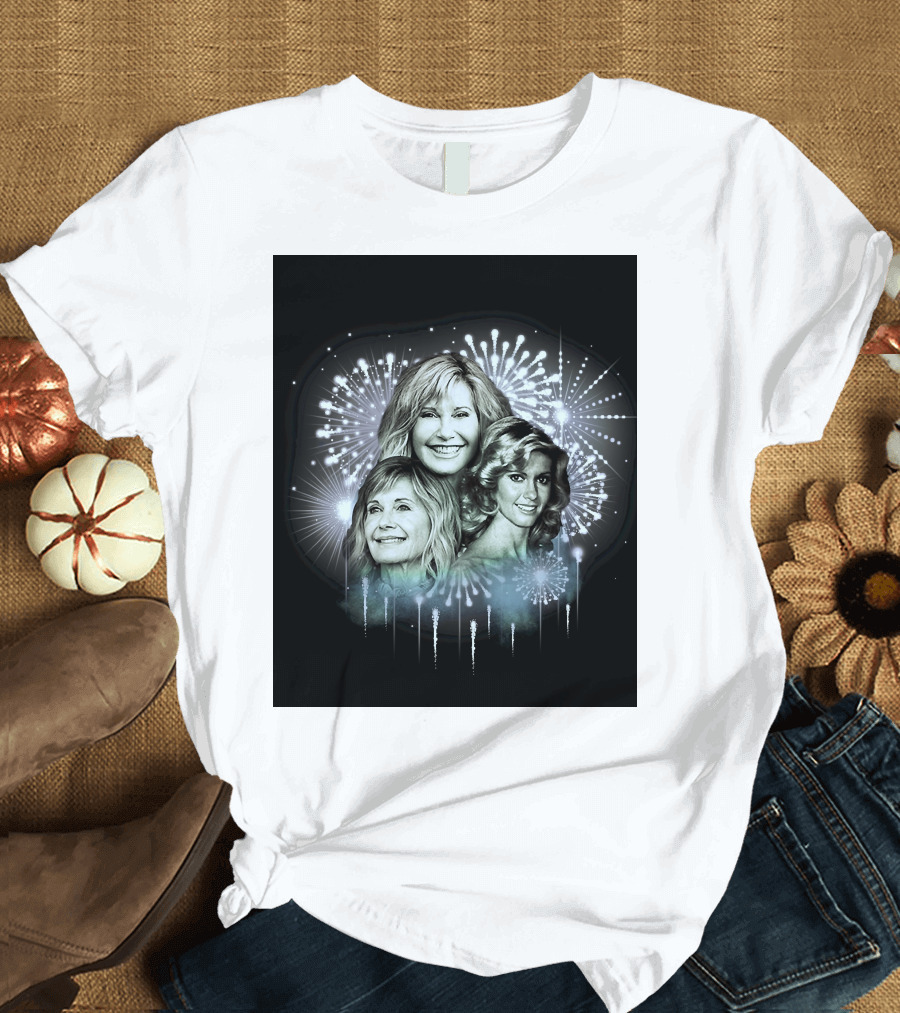 Olivia Newton-John Celebration with Fireworks Background T-Shirt