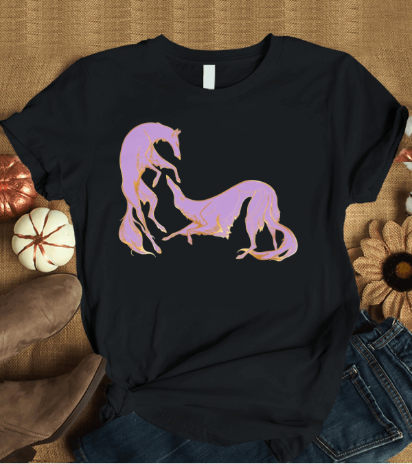 T-Shirt: Dancing Gold and Purple Borzoi Silhouette Chiffon Top T-Shirt Dancing Gold and Purple Borzoi Silhouette Chiffon Top T-Shirt