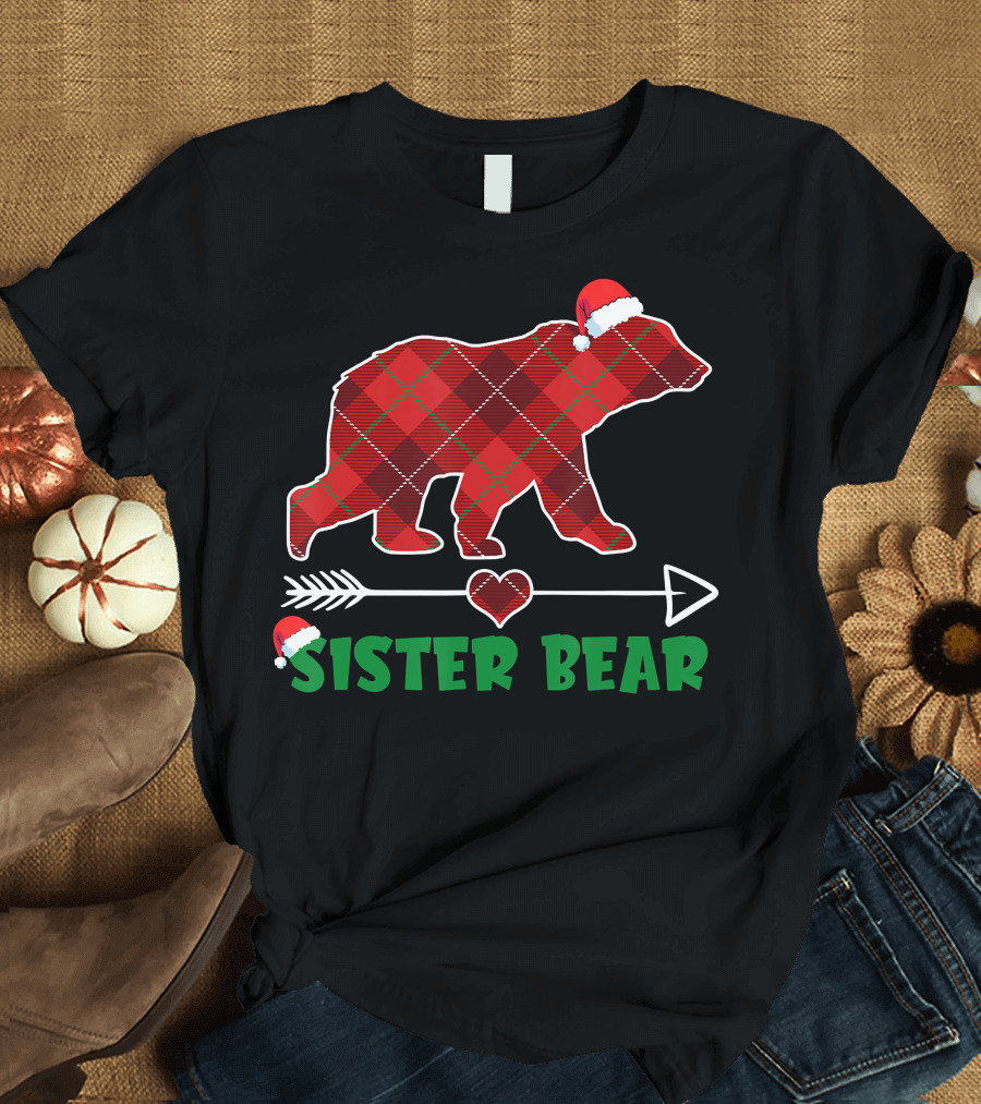 Sister Bear Plaid Christmas Hat Arrow Heart T-Shirt