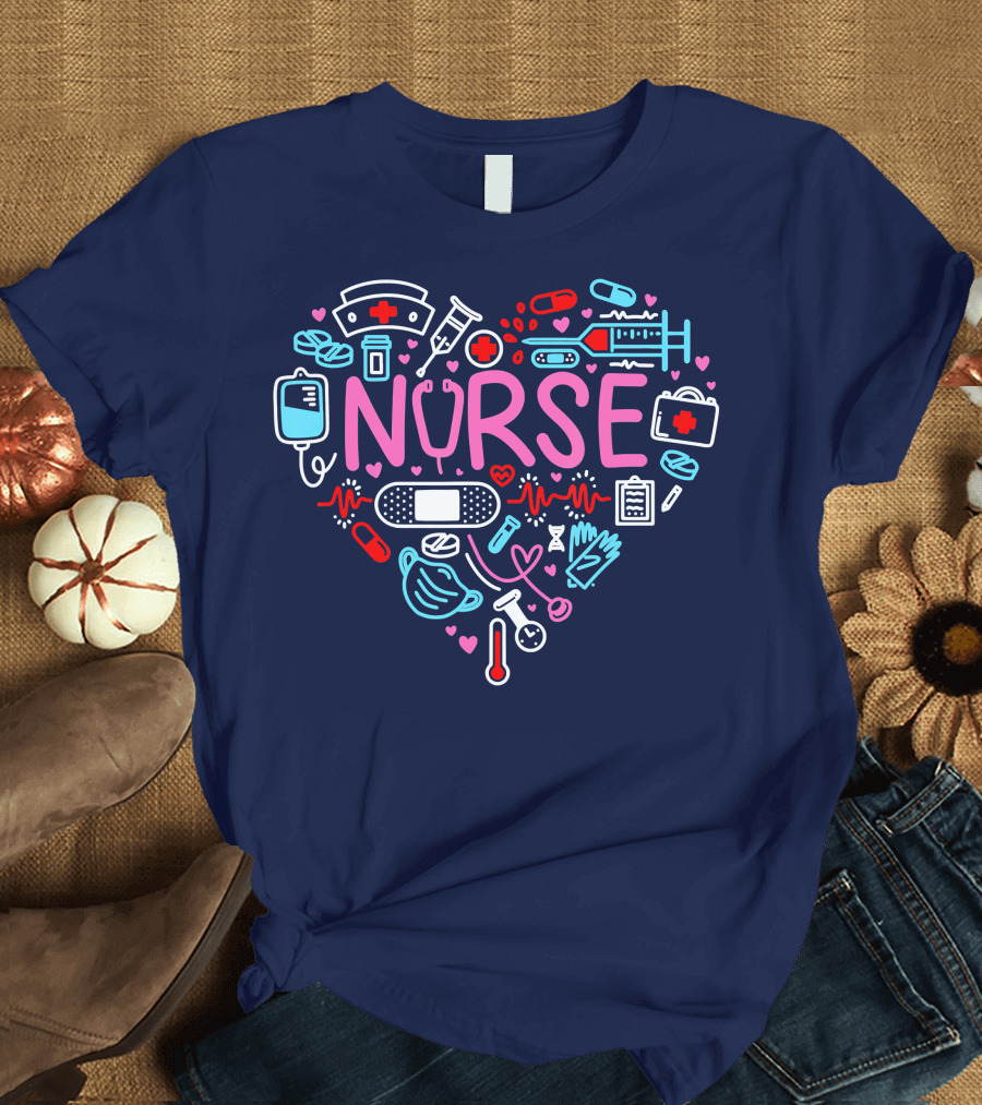 Nurse RN Life Nursing Student Love Medical Icons Heart T-Shirt