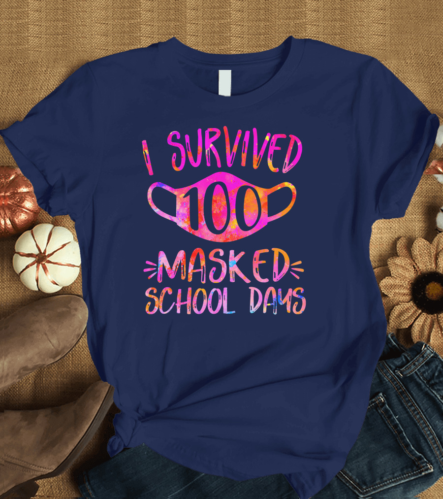 I Survived 100 Masked School Days Colorful Mask Pandemic Achievement T-Shirt