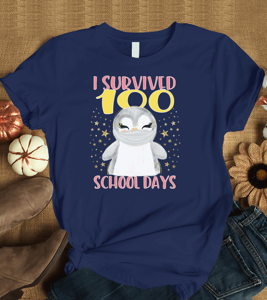 I Survived 100 School Days Cute Penguin Stars T-Shirt