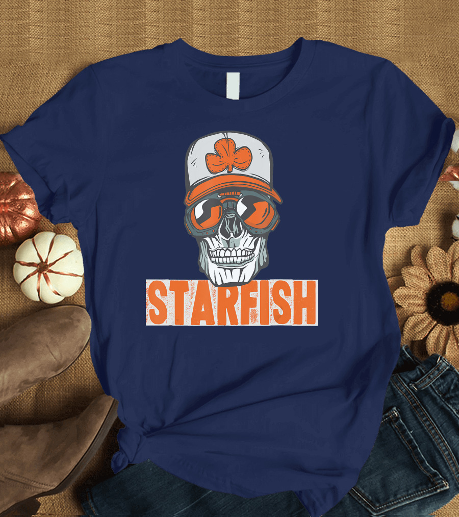 Starfish Skull with Orange Hat and Sunglasses Matches Jordan 13 Star Fish T-Shirt