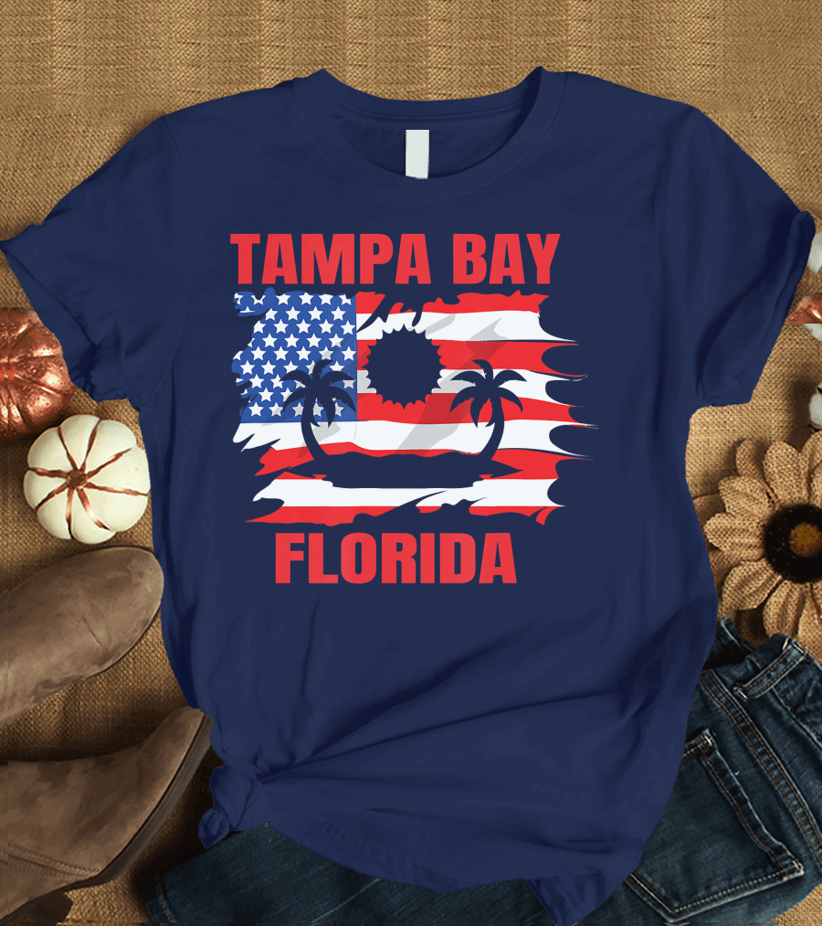 Tampa Bay Florida American Flag Palm Trees T-Shirt