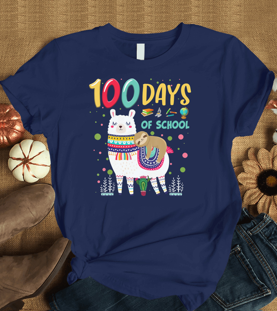 100 Days of School Sloth on Llama with Books and Globe T-Shirt