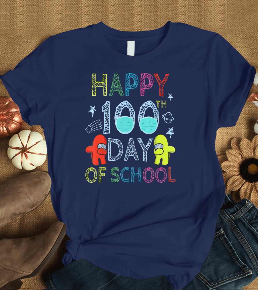 Happy 100th Day of School Among Us Characters with Masks and Stars T-Shirt