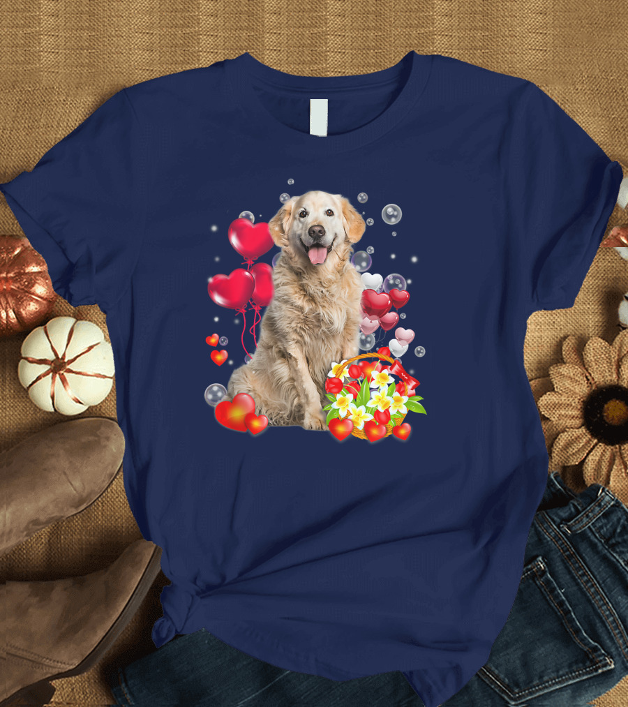 Golden Retriever Surrounded by Heart Balloons and Flowers T-Shirt
